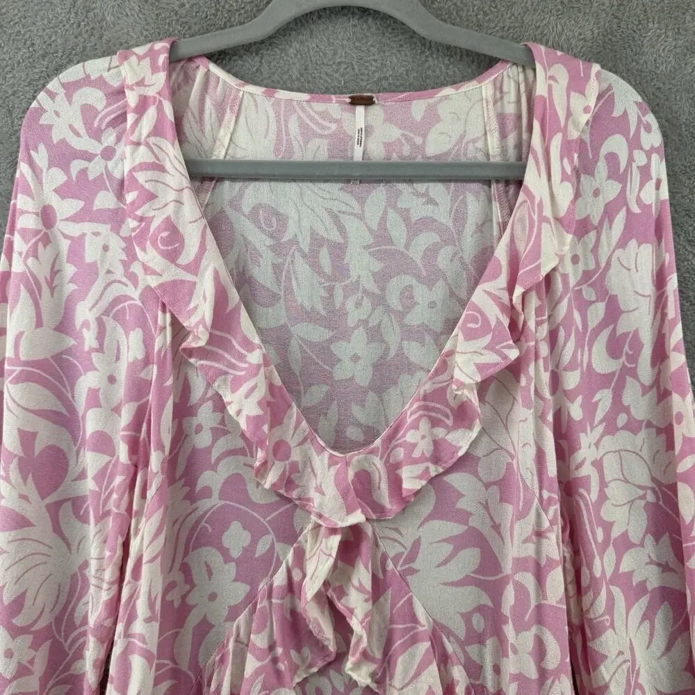 Free People Dress Womens XS Pink Rebecca Floral Ruffle Ballon Long Sleeve V-Neck